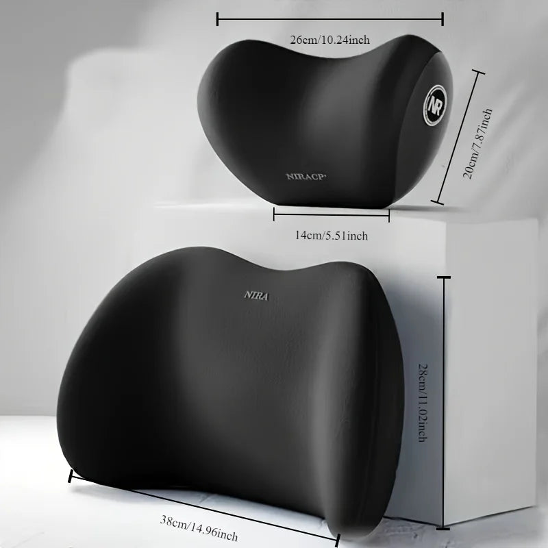 Schwarzes ergonomisches Memory-Schaum-Auto-Sitzkissen in verschiedenen Ansichten und Maßen.