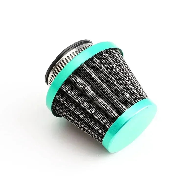 Filtre d'air universel moto noir et bleu sarcelle pour carburateurs, vu de profil.