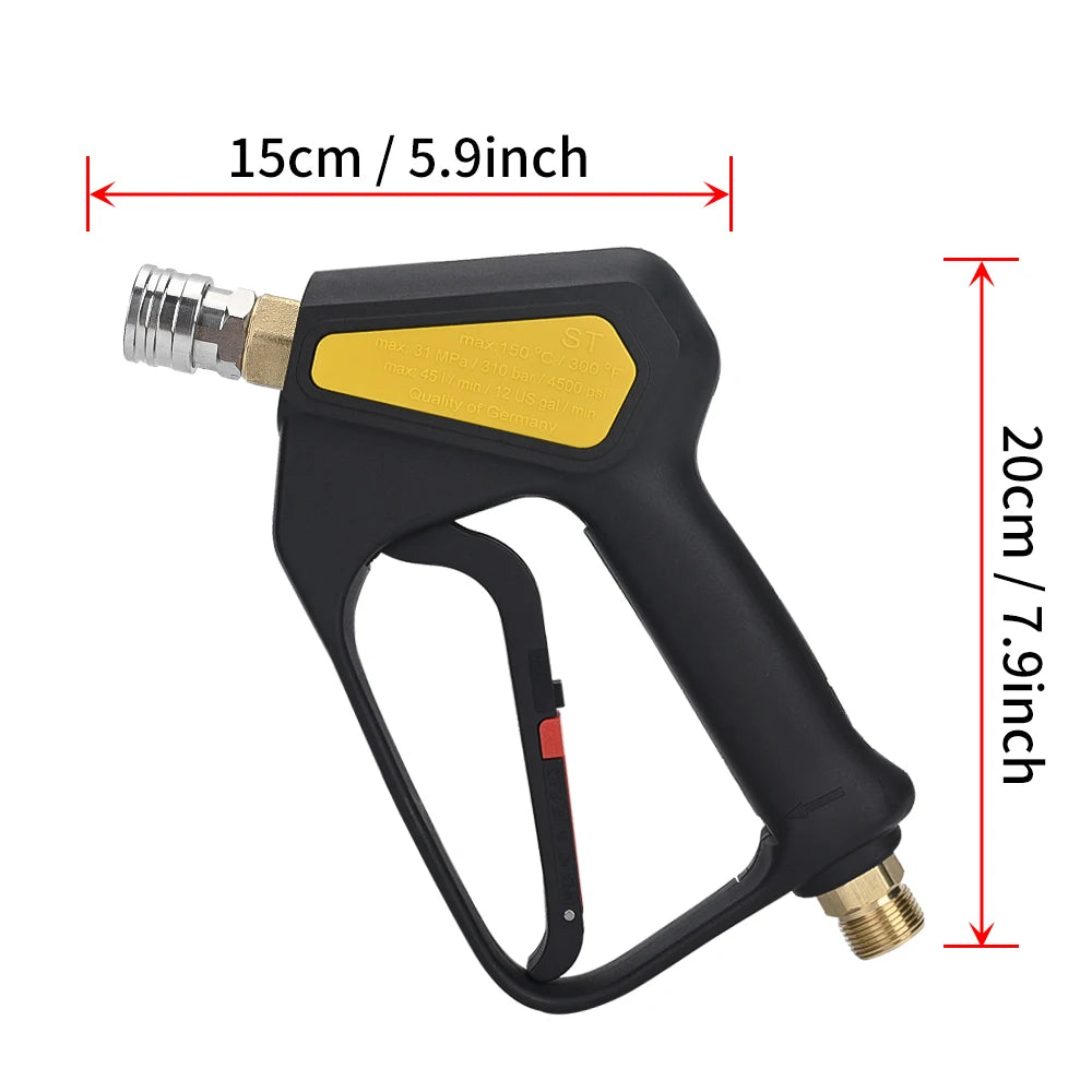 Black high-pressure short trigger spray gun with a yellow grip and 1/4 inch quick connector.