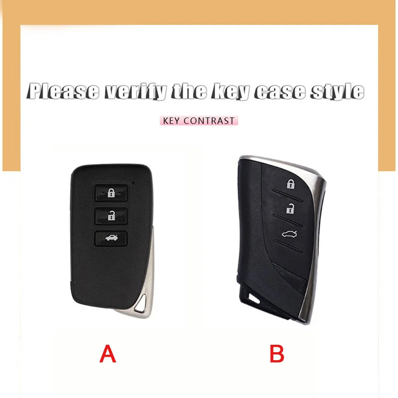Two black car key covers, labeled A and B, demonstrating different key case styles for verification.