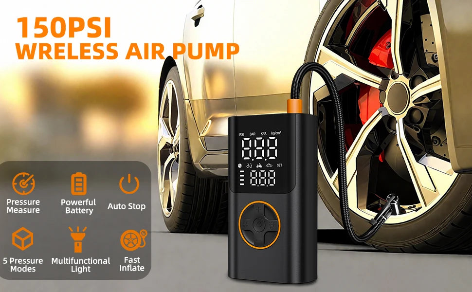 A black portable electric air pump is shown next to a car wheel, highlighting its features like pressure measure and battery.