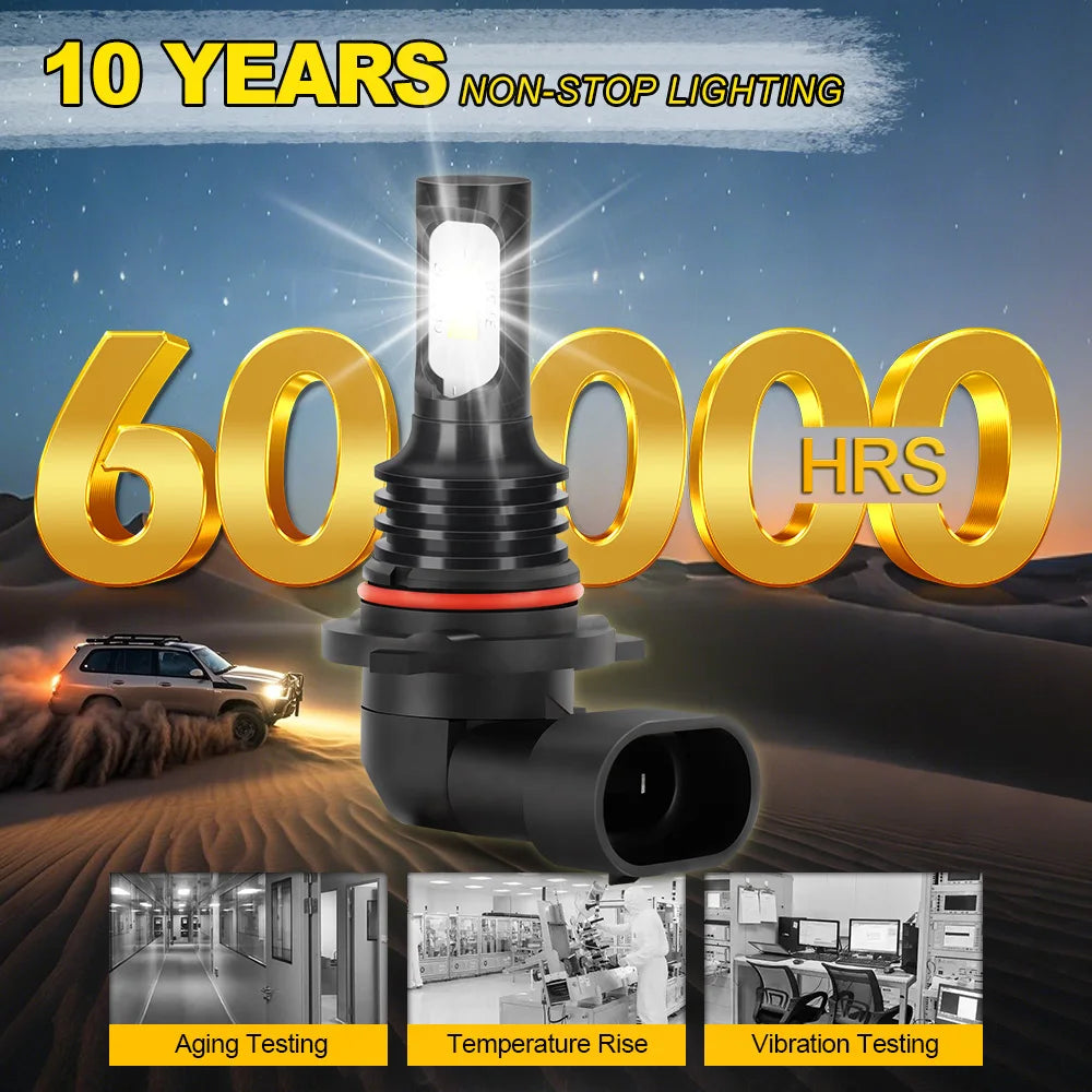 A black HID light bulb assembly is shown with testing environments for aging, temperature rise, and vibration testing.