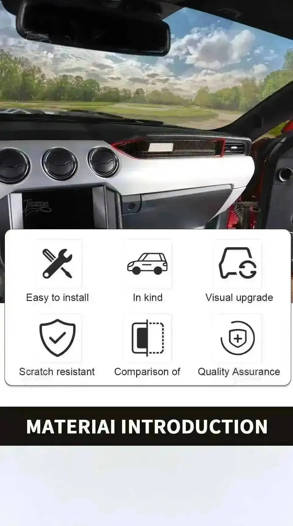 Interior decoration kit for a Mustang featuring carbon fiber accents and various quality assurances.