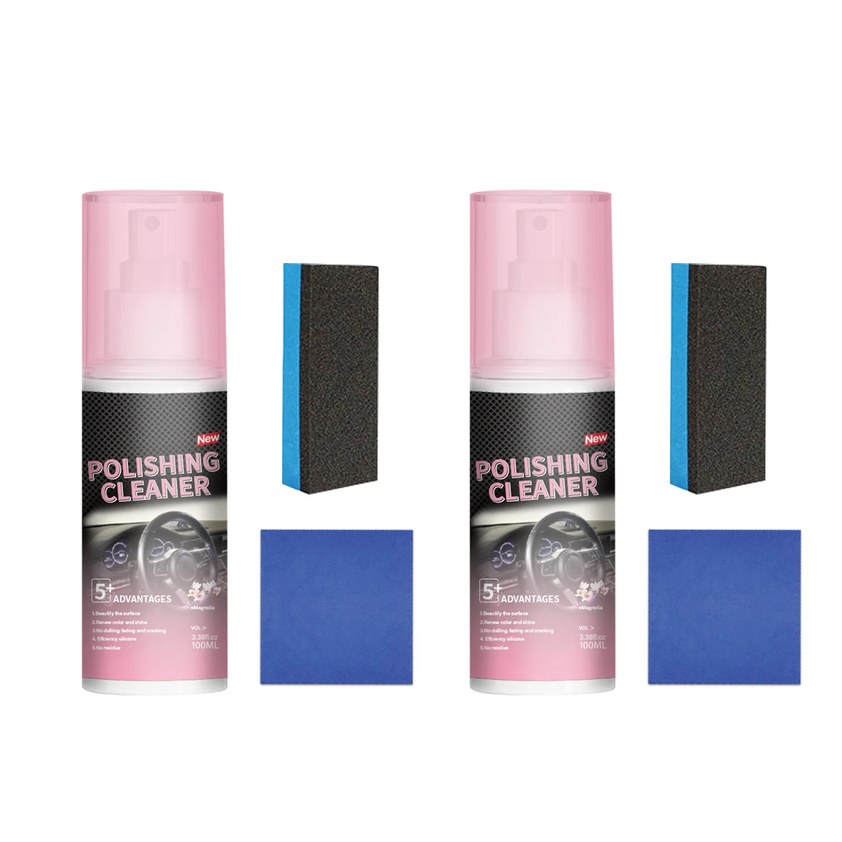 Zwei Flaschen Polierreiniger mit schwarzer und blauer Verpackung und blauen Etiketten