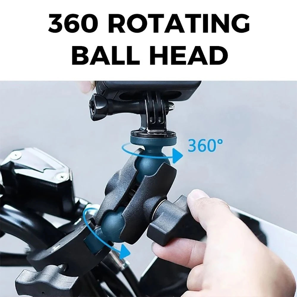 A hand is adjusting a 360 rotating ball head camera mount for a universal camera setup.