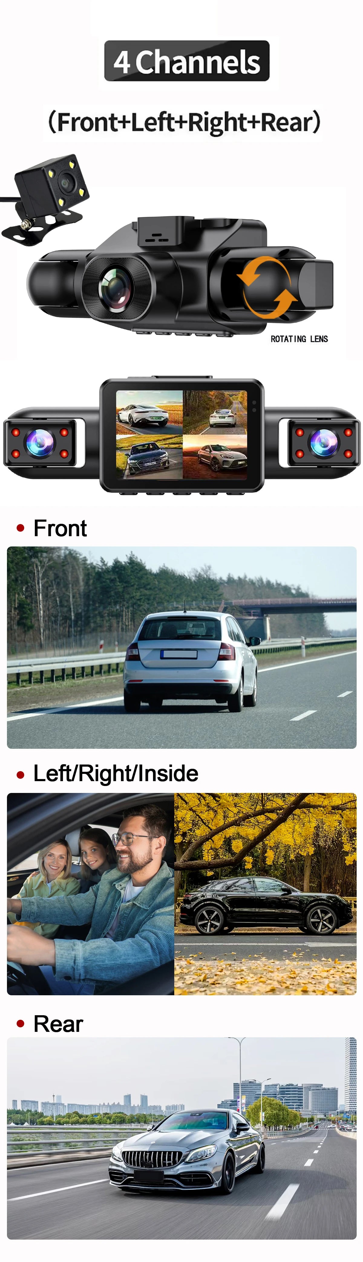 4-Kanal-Dashcam-System, das Front-, Seiten- und Heckansichten eines Autos zeigt.