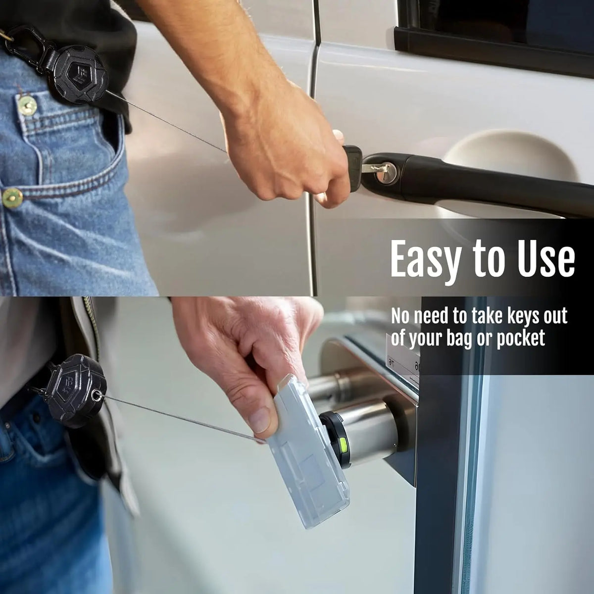 A hand is using a retractable keychain badge holder to access a door lock, demonstrating its easy-to-use feature.