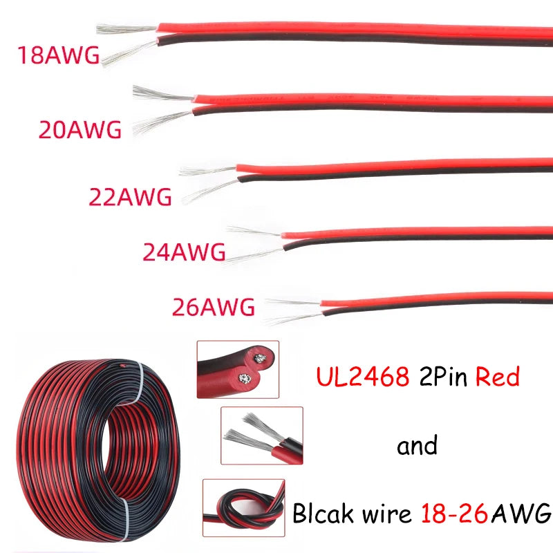 Insulated electrical extension wire showing various AWG gauges and a coil of black wire