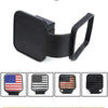 Black universal trailer hitch cover with American flag design and mounting bracket.