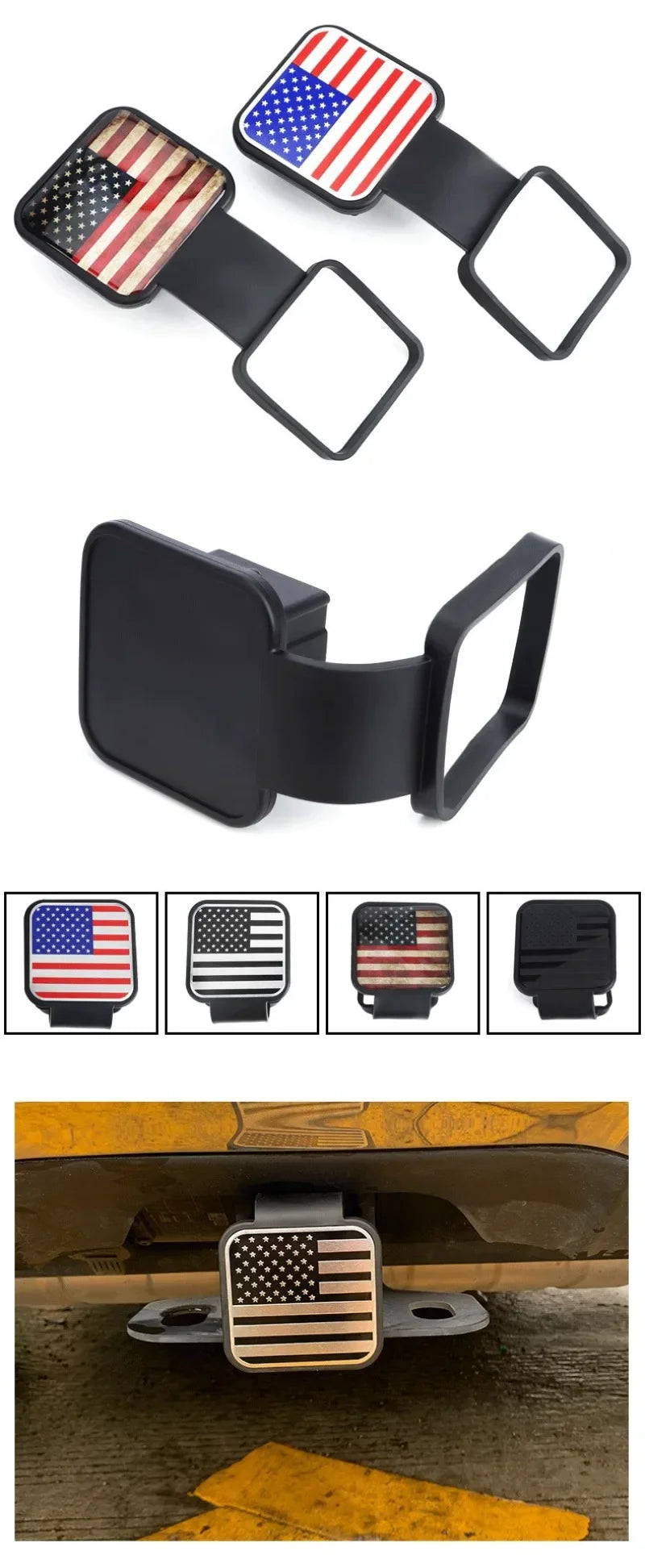 Black universal trailer hitch cover with American flag design and mounting bracket.