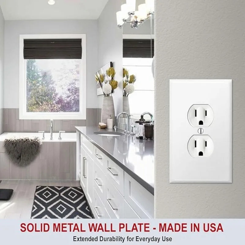 A white solid metal wall plate with two electrical light switch covers mounted on a textured wall.