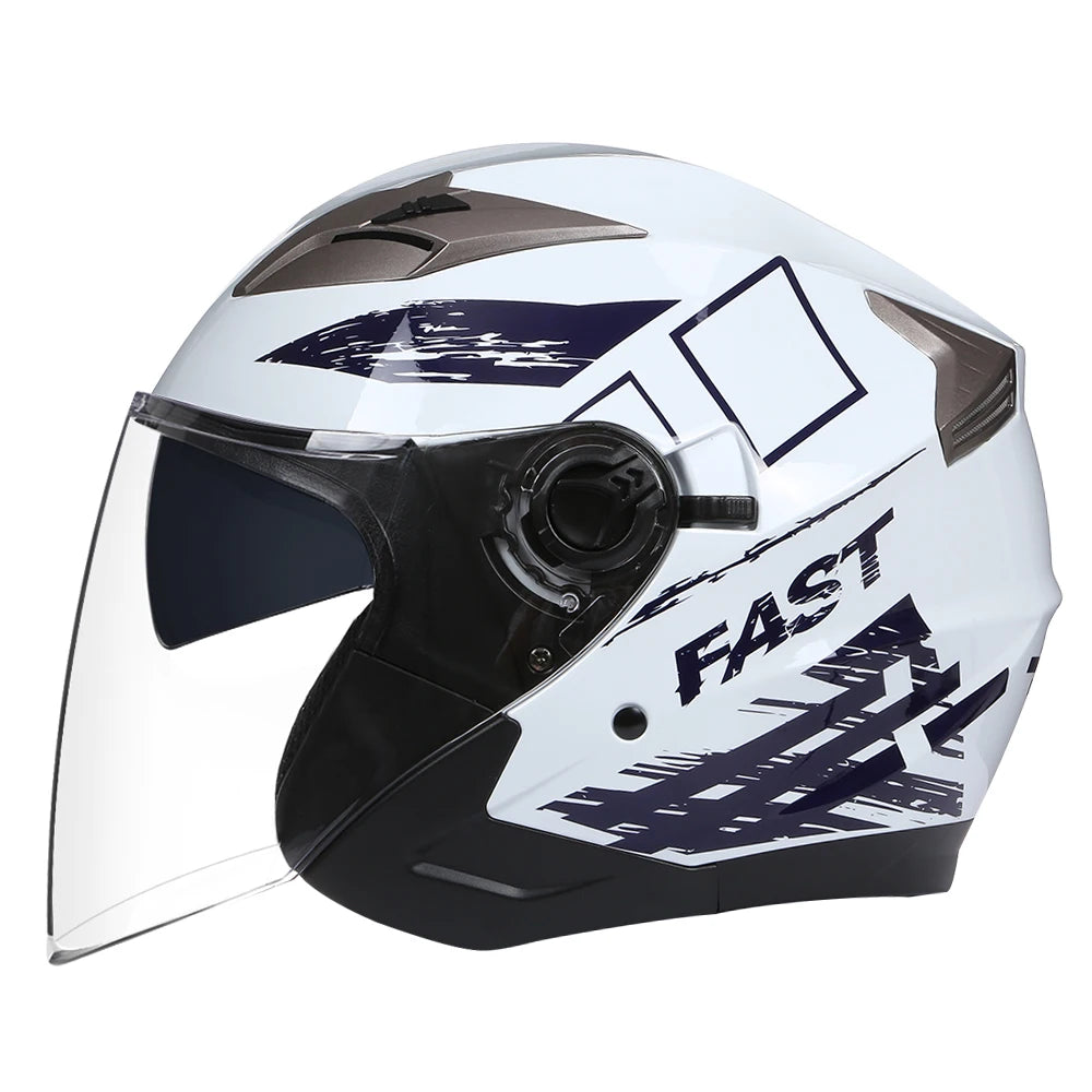 A white and black motorcycle helmet with a clear visor and dark blue graphic accents.