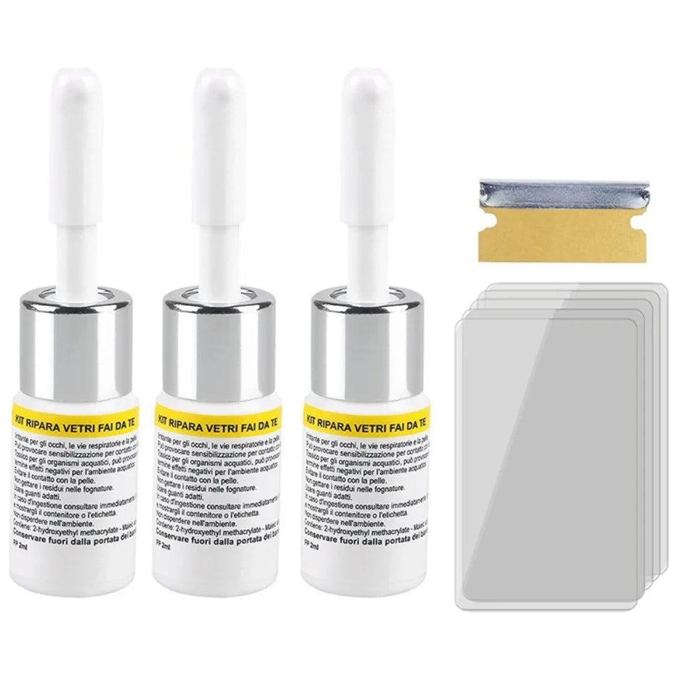 A set of professional windshield crack repair kits with white applicators and yellow adhesive pads.