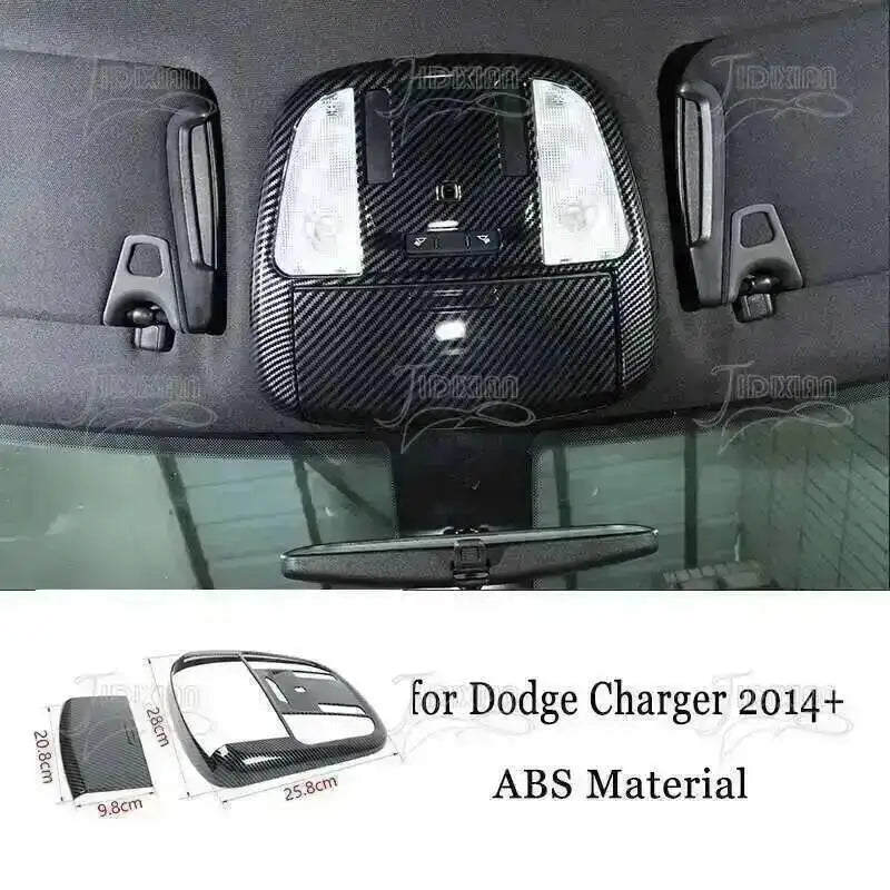 Carbon fiber interior decoration kit for Dodge Charger featuring a headlight cover and trim pieces.