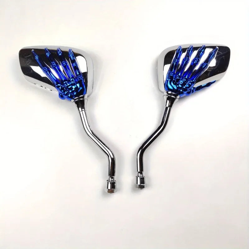A set of universal motorcycle rear view mirrors with chrome casings and blue reflective arms.