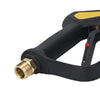 Black high-pressure short trigger spray gun with a brass 1/4 inch quick connector.
