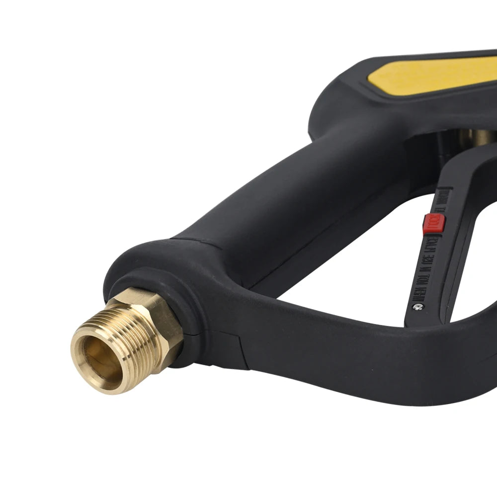 Black high-pressure short trigger spray gun with a brass 1/4 inch quick connector.
