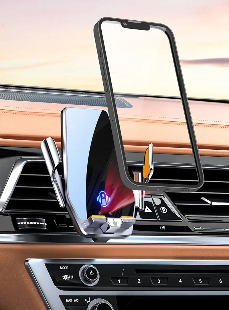 A magnetic wireless charging phone mount is shown mounted on a car dashboard, with a smartphone resting on it.