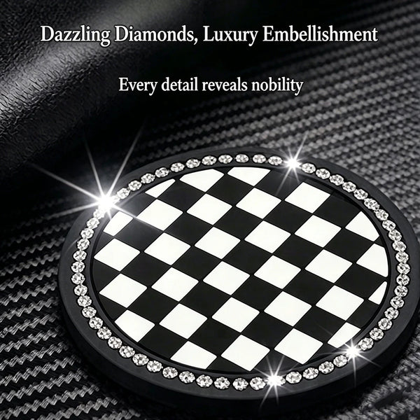Black and white checkered diamond pattern coasters with sparkling edges on a dark surface.