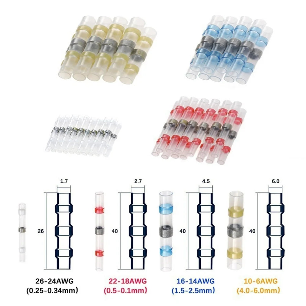 A collection of heat shrink wire terminals in various sizes and colors, including 26-24AWG, 22-18AWG, 16-14AWG, and 10-6AWG.