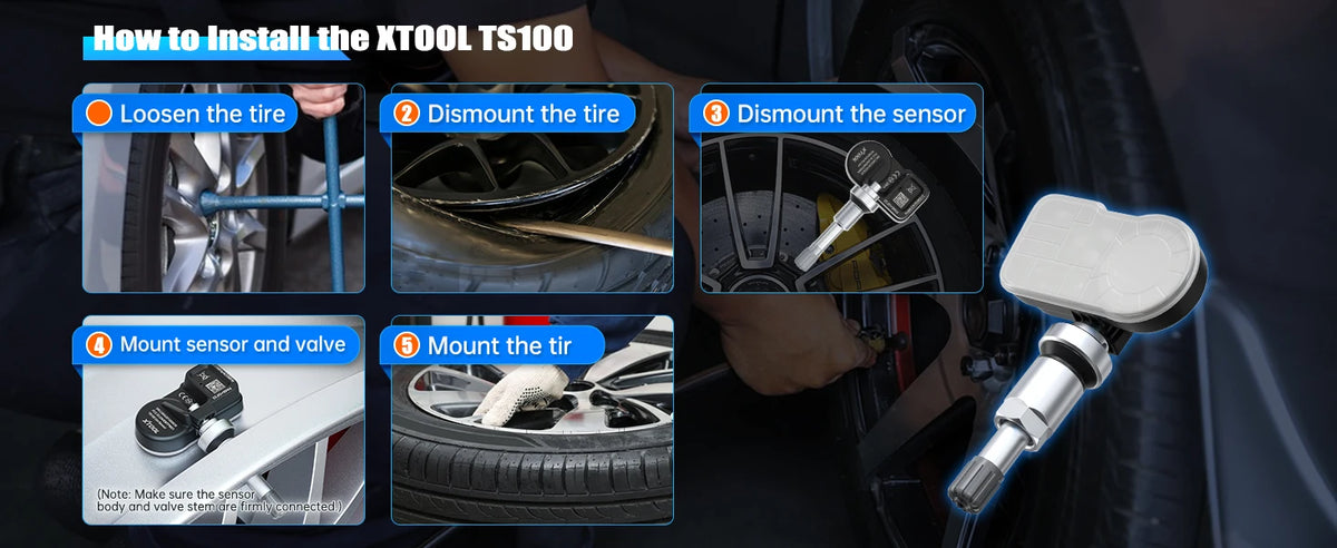 دليل خطوة بخطوة لتثبيت حساس ضغط الإطارات XTOOL TS100 في السيارة.