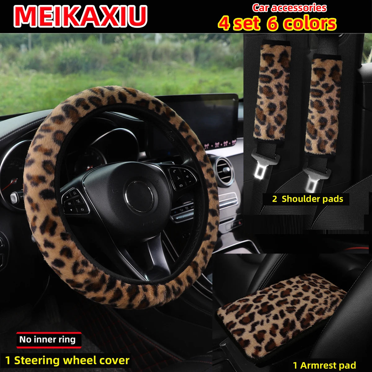 A set of four leopard print car accessories including a steering wheel cover and two shoulder pads