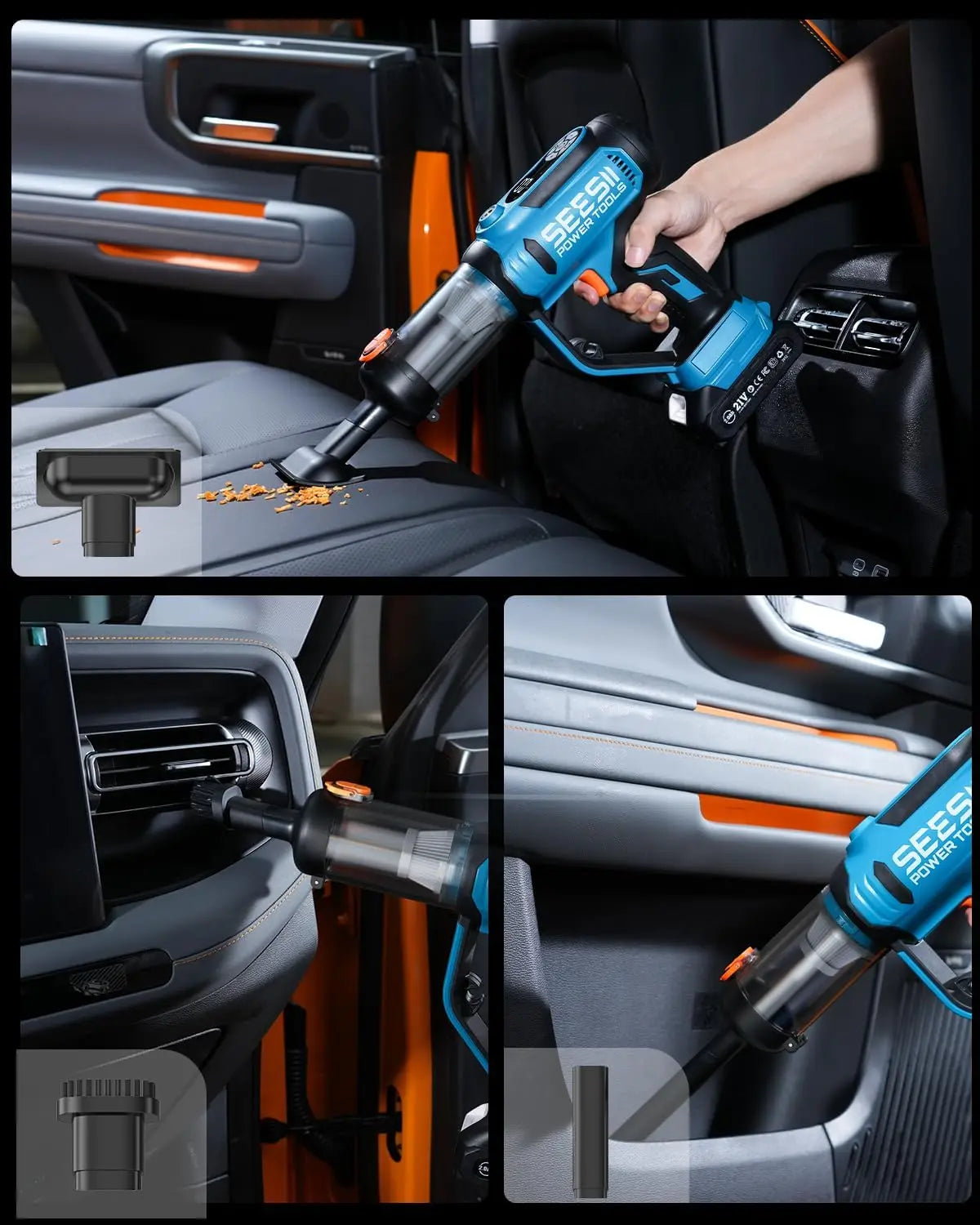 A hand is using a blue portable tire inflator tool inside a car interior, demonstrating its use for automotive tasks.