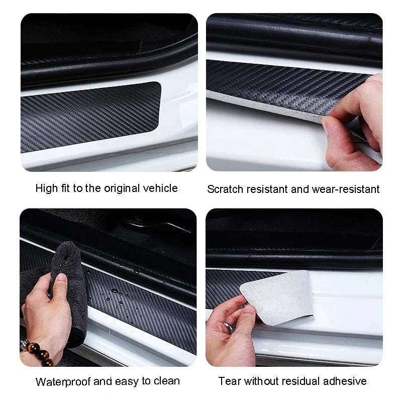 Carbon fiber door sill protectors shown in various applications highlighting fit, scratch resistance, waterproof features, an