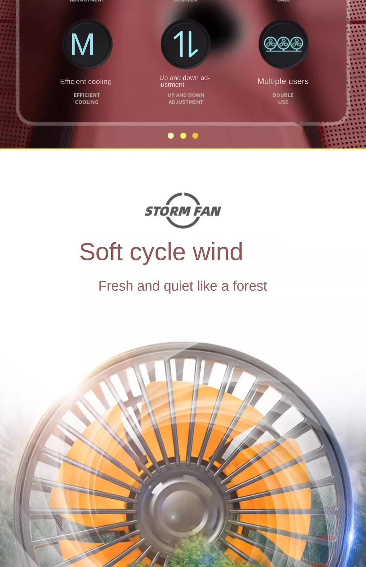 Close-up of a Storm Fan featuring a soft cycle wind design with an orange and silver blade.