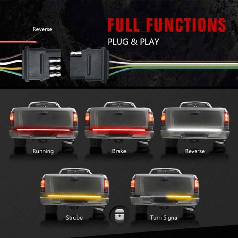 A set of full functions plug and play LED tail light bars for pickup trucks demonstrating running, brake, reverse, strobe, an