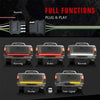 A set of full functions plug and play LED tail light bars for pickup trucks demonstrating running, brake, reverse, strobe, an
