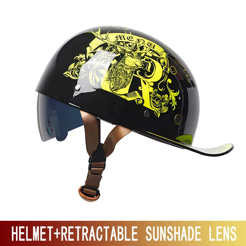 Black retro half helmet featuring a gold lion design and a retractable sunglass lens.