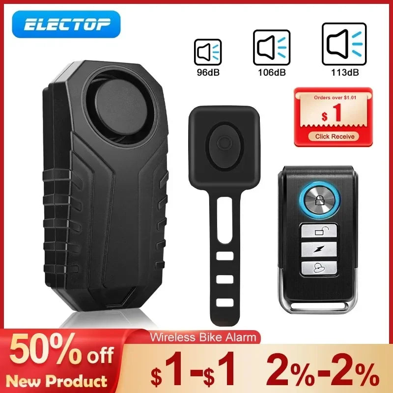 Black electronic alarm system for bicycles and motorcycles shown with separate components.