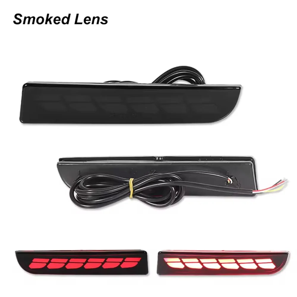 Black smoked lens LED rear bumper reflector lights with sequential turn signal for Mitsubishi Lancer, Evolution X, and Outlan