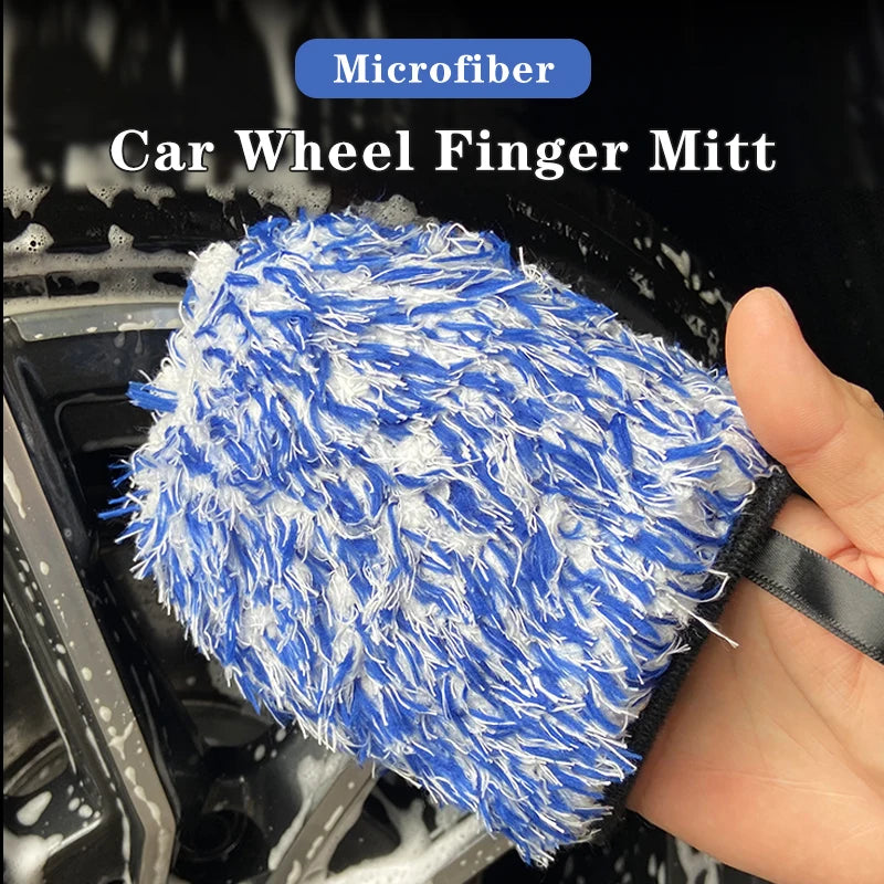A blue and white microfiber car wheel finger mitt being held over a black car wheel.