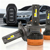 A set of tri-color LED headlight bulbs and a remote control device are displayed on a surface.