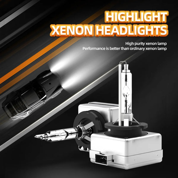 A bright xenon headlight bulb is shown next to a white car light assembly.