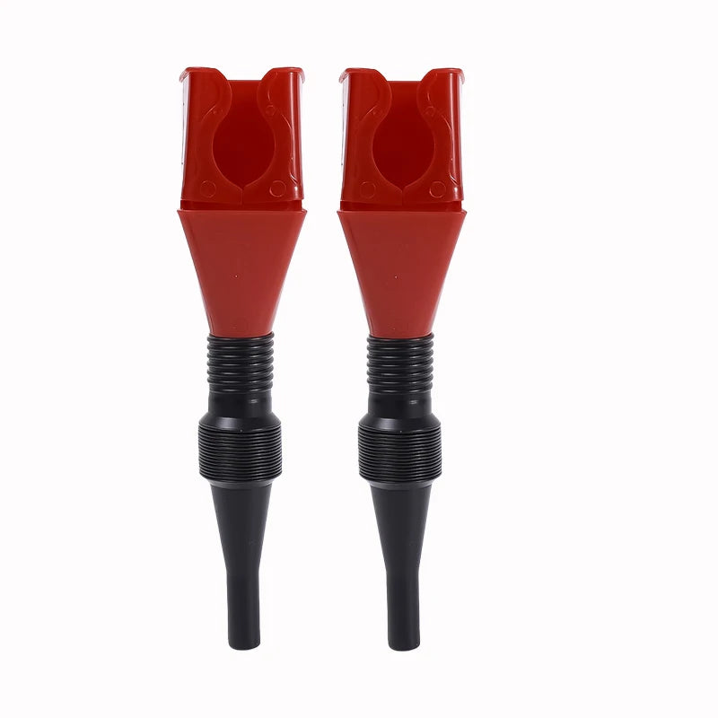 A pair of red and black universal car fuel transfer funnels.