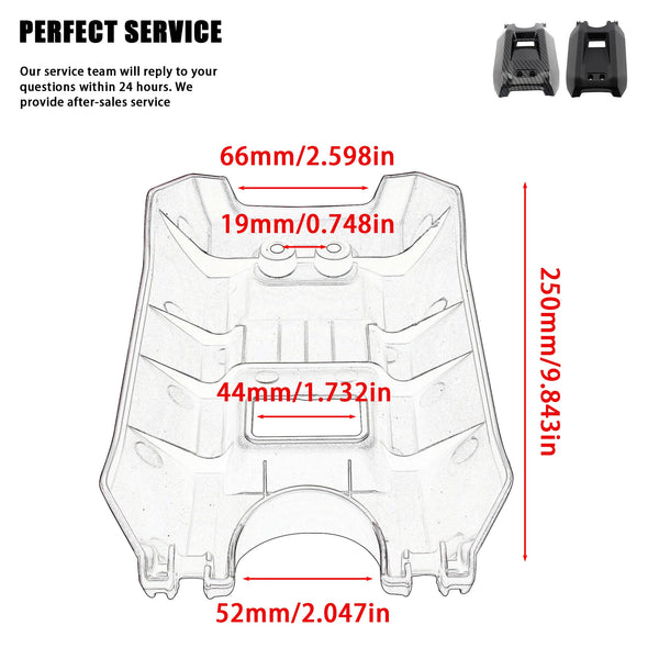 A clear plastic battery compartment cover with various dimensions shown for electric bikes.