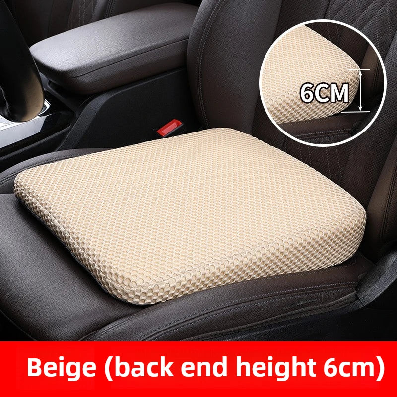 Beige honeycomb memory foam car seat booster cushion shown in a car seat context with a height measurement.