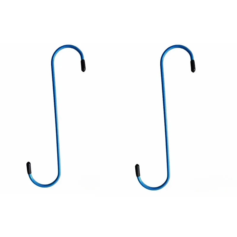 A pair of blue suspension disc service brake caliper hooks.