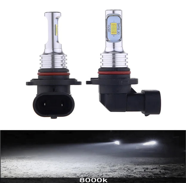 Two high-performance LED headlight bulbs are shown, featuring a clear lens and a black base.