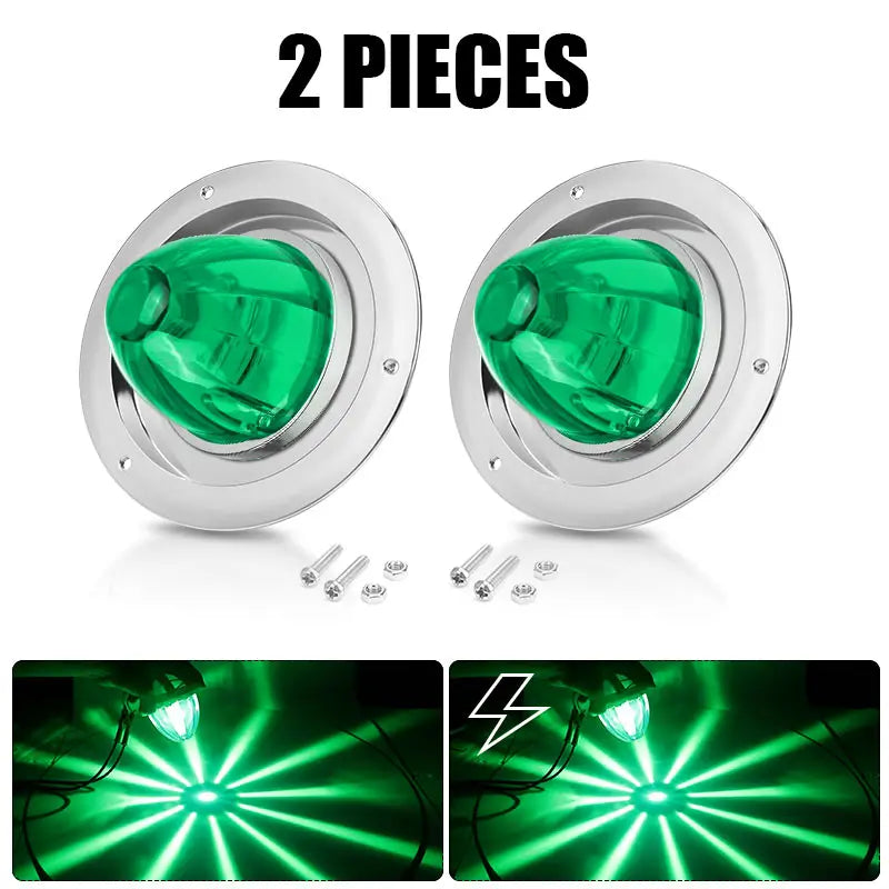 Two silver LED marker strobe lights are shown, with images demonstrating their illumination pattern.