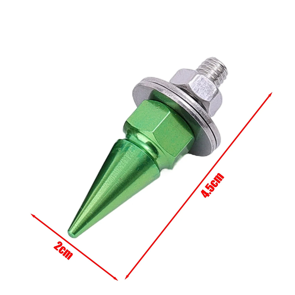 A close-up view of a green M6 license plate fixing screw with a threaded head and a pointed tip.