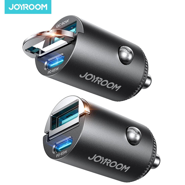 A black Joyroom dual-port car charger with QC 60W and PD 65W outputs shown from a side angle.