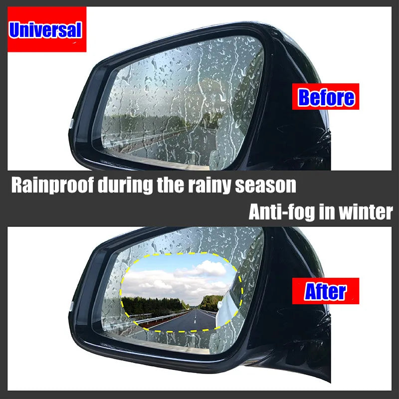 Before and after comparison of a car mirror using anti-fog and rainproof film.