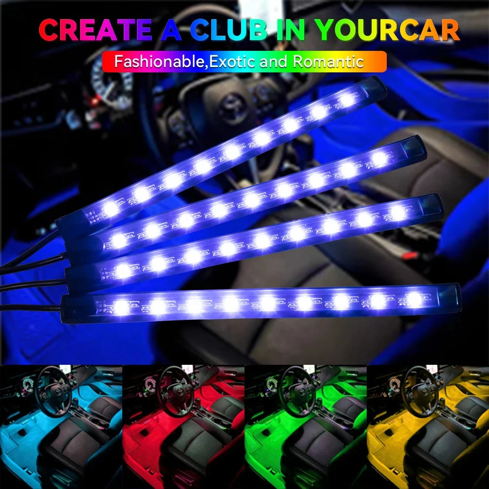 RGB-Ambientesleuchtstreifen in blauem Auto-Innenraum, die Armaturenbrett und Sitze beleuchten.