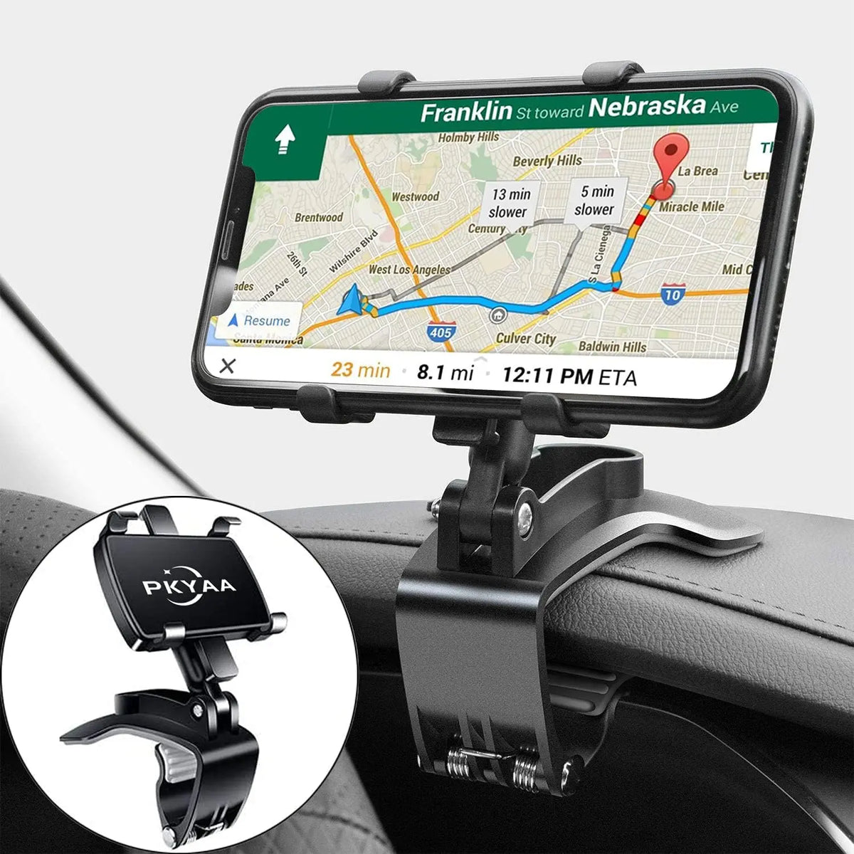 Soporte universal para teléfono de coche negro de 360° giratorio, fijado al tablero.