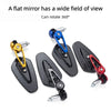 Three carbon fiber rearview mirrors in gold, blue, and red for motorcycles