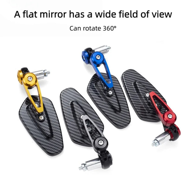 Three carbon fiber rearview mirrors in gold, blue, and red for motorcycles